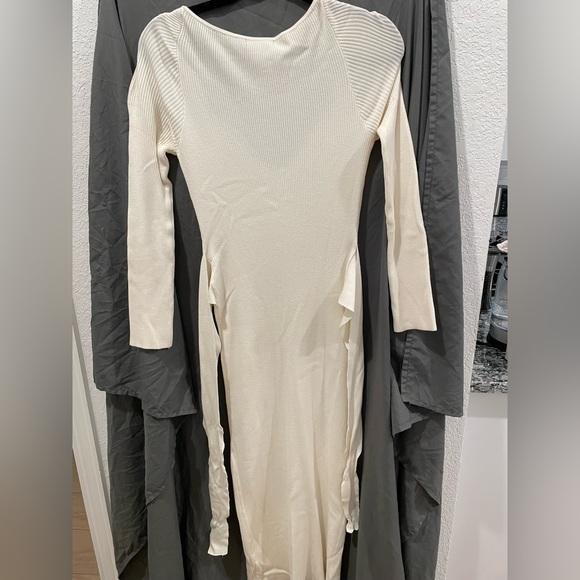 Forever 21 Tie-Waist Sweater Dress Ribbed Slit BodyCon Long Sleeved Cream M - Picture 8 of 10